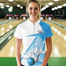 Load image into Gallery viewer, Custom White And Light Blue Bowling Ball And Pins Women Quarter-Zip Shirt, Team Jerseys IPHW11321