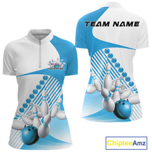 Load image into Gallery viewer, Custom White And Light Blue Bowling Ball And Pins Women Quarter-Zip Shirt, Team Jerseys IPHW11321