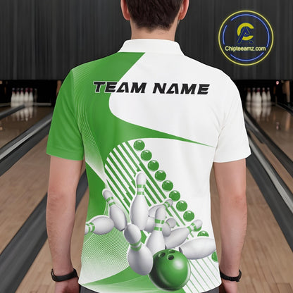 Back view of a male model in a bowling alley wearing a white and green polo shirt, showcasing asymmetric stripe patterns and a dynamic bowling action design.