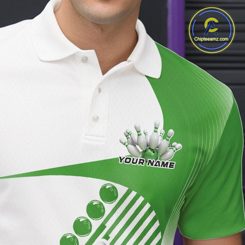 Close-up of the left chest area of a white and green bowling polo shirt, featuring wavy geometric stripes with a bowling strike graphic.