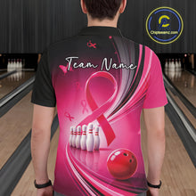 Load image into Gallery viewer, Back view of a male model wearing a black and pink bowling polo with breast cancer awareness ribbons and bowling graphics