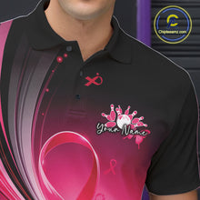 Load image into Gallery viewer, Close-up left chest view of a black and pink bowling polo with breast cancer awareness ribbon graphics and bowling artwork
