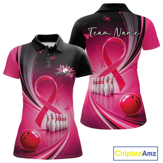 Front and back mockup of a women's black and pink bowling polo with breast cancer awareness ribbon artwork and bowling graphics
