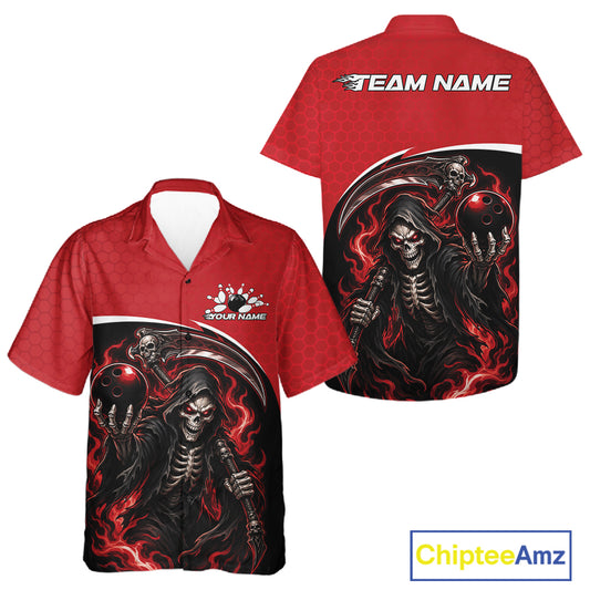Red short-sleeve button up shirt shown from the front and back, featuring a large black and red grim reaper graphic with flaming spheres, plus customizable white text areas reading TEAM NAME and CUSTOM NAME on the chest and back.