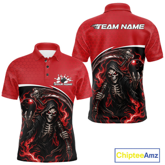 Red short-sleeve polo shirt shown from front and back, featuring a large black and red grim reaper graphic with glowing red eyes and flames, plus customizable text areas reading TEAM NAME and YOUR NAME.