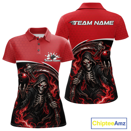 A red and black short-sleeve polo shirt shown from both front and back, featuring a grim reaper and skull graphic with red flame effects. 