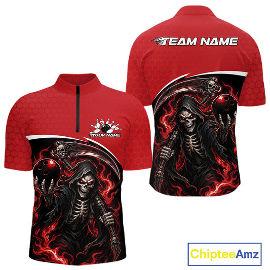 A red short-sleeve athletic quarter-zip shirt shown from the front and back, featuring a large black, white, and red grim reaper graphic with glowing red balls on the front, and 'TEAM NAME' and 'YOUR NAME' customization text on the back and chest. 