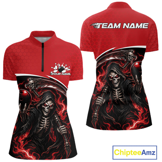Front and back views of a red short-sleeve athletic quarter-zip shirt featuring a large black, white, and red grim reaper graphic with flames across the lower front, plus customizable text areas on the chest and back.