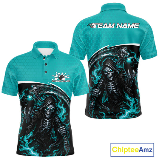 Front and back views of a teal short-sleeve polo shirt with a black and teal grim reaper graphic, customizable team name text on the chest and back, and a ChipteeAmz logo in the bottom right corner.