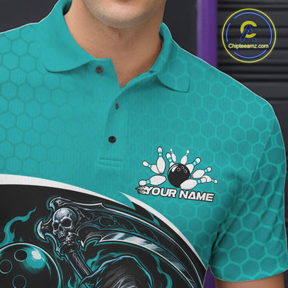 Custom Teal Blue Fire Flame Grim Reaper Skull Halloween Men Bowling Polo Shirt IPHW11656