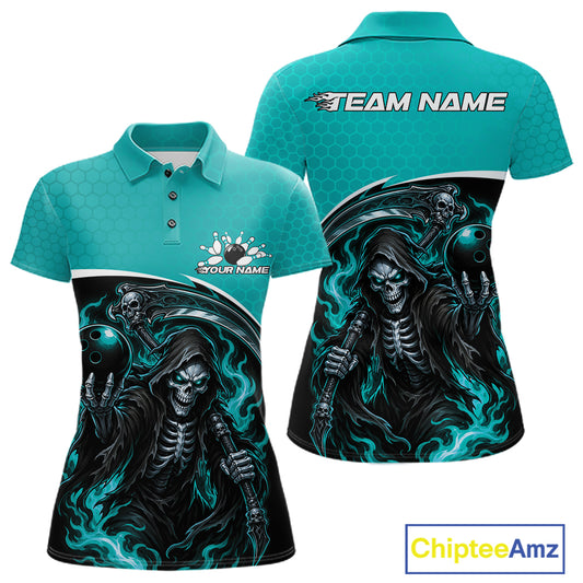 Front and back views of a teal and black polo shirt featuring a grim reaper skeleton holding bowling balls, with customizable text areas on the chest and back, shown on a white background with a ChipteeAmz logo in the corner.