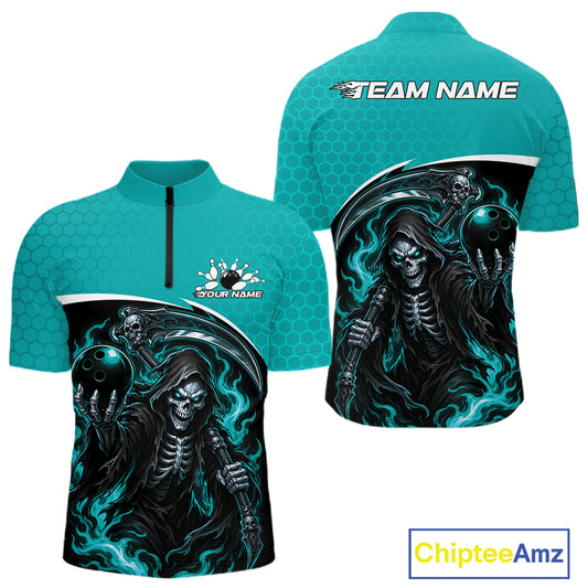Front and back views of a teal short-sleeve quarter-zip athletic shirt with a large black and teal grim reaper graphic across the front and back, plus 'TEAM NAME' placeholder text on the back