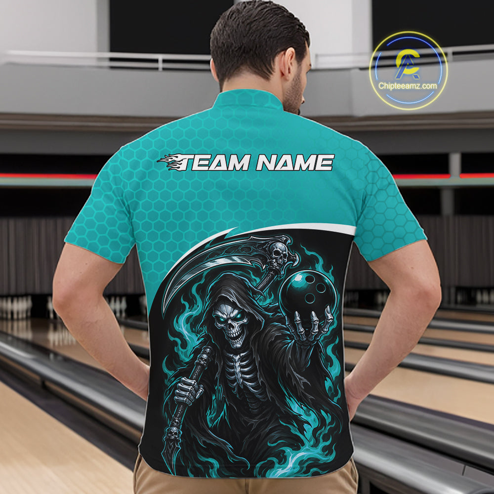 Custom Teal Blue Fire Flame Grim Reaper Skull Halloween Men Bowling Quarter Zip Shirt IPHW11656