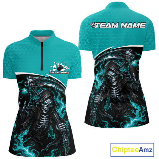 Front and back views of a short-sleeve athletic quarter-zip shirt in teal and black, featuring a large grim reaper graphic with glowing teal flames and skulls. The back view has 'TEAM NAME' printed across the shoulders