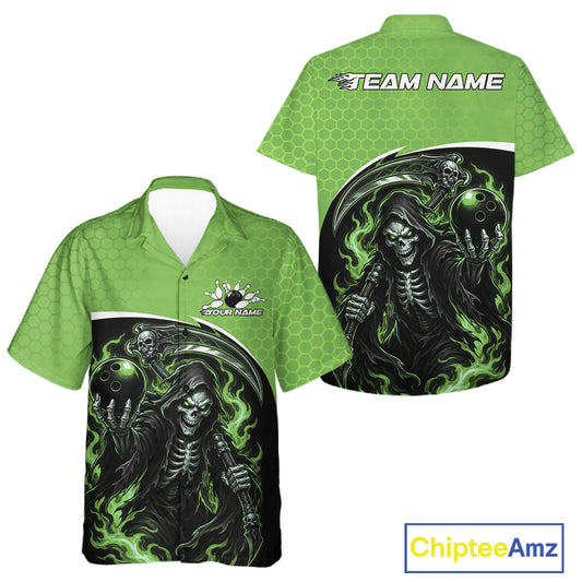 Green short-sleeve button up shirt shown from the front and back, featuring a large black and green grim reaper graphic with a bowling ball and flames, plus a 'TEAM NAME' customization option on the back. 