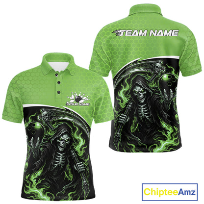 Custom Green Fire Flame Grim Reaper Skull Halloween Men Bowling Polo Shirt, Bowler Outfit IPHW11657