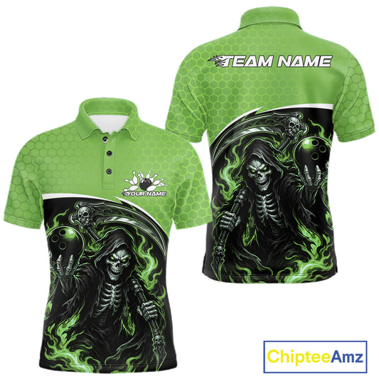 Front and back views of a green short-sleeve polo shirt with a black and green grim reaper graphic, featuring customizable text areas on the chest and back