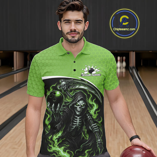 A man wearing a bright green short-sleeve bowling polo shirt with a large black and green grim reaper graphic on the front, standing in a bowling alley holding a bowling ball. 
