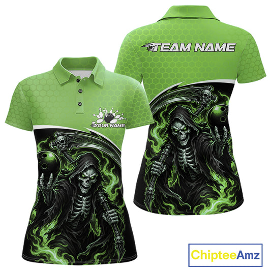Custom short-sleeve polo shirt shown from the front and back, featuring a bright green collar and upper body with a black lower body printed with a grim reaper skeleton and bowling ball graphic.