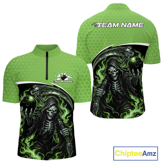 Green short-sleeve quarter-zip athletic shirt shown from front and back on a white background. The shirt features a black and green grim reaper skeleton graphic with bowling balls, a small team logo on the chest, and 'TEAM NAME' printed across the back
