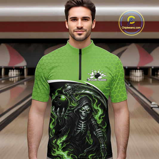 A man wearing a bright green short-sleeve bowling jersey with a black front graphic of a grim reaper holding a bowling ball, set against a blurred bowling alley background. A 'Chileanuz.