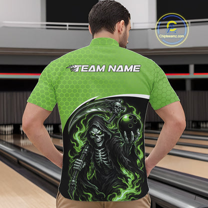 Custom Green Fire Flame Grim Reaper Skull Halloween Men Bowling Quarter Zip Shirt, Bowler Outfit IPHW11657