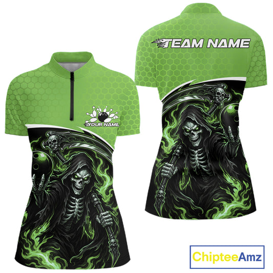 Front and back views of a green short-sleeve athletic quarter-zip shirt with a black and green grim reaper graphic, customizable text areas, and a ChipteeAmz logo in the bottom right corner.