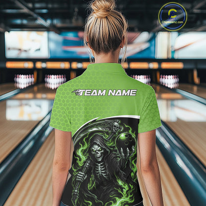 Custom Green Fire Flame Grim Reaper Skull Halloween Women Bowling Shirt, Bowler Outfit IPHW11657