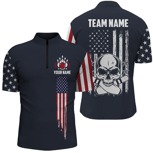 Personalized Skull Bowling Shirt For Men, Custom Team'S Name American Flag Bowler Jersey IPHW5141