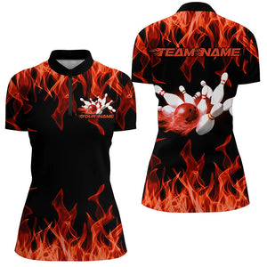 Black And Orange Custom Flame Ladies Bowling Shirts, Bowling Team Shirt Bowling Uniform IPHW7517