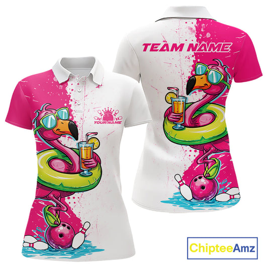 Custom Funny Flamingo Bowling Women Polo Shirt, Flamingo Bowling Tourmanent Shirt IPHW10266