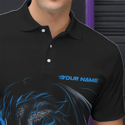 Custom Black And Blue Dragon Bowling Polo Shirts For Men, Dragon Bowling Tournament Team Shirt IPHW8419