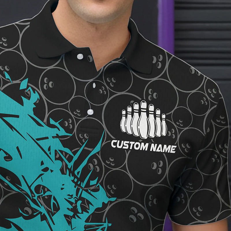 Black And Blue Custom Bowling Tournament Polo Shirts For Men, Bowling Pattern Team Jerseys IPHW8420