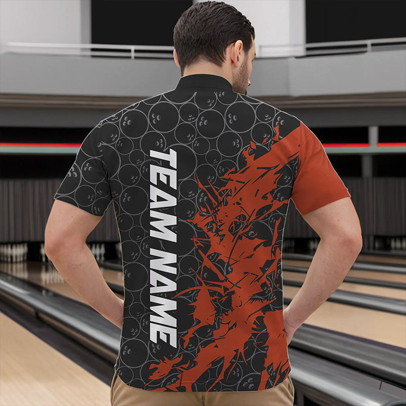 Black And Orange Custom Bowling Tournament Quarter-Zip Shirts For Men, Bowling Pattern Team Jerseys IPHW8421