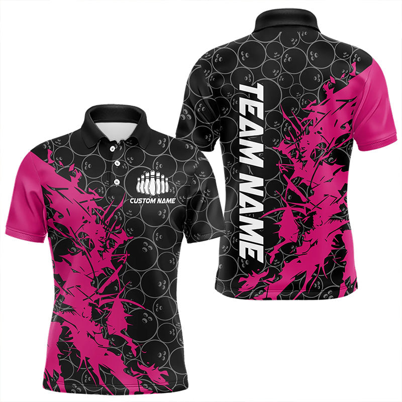 Black And Pink Custom Bowling Tournament Polo Shirts For Men, Bowling Pattern Team Jerseys IPHW8422