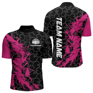 Black And Pink Custom Bowling Tournament Quarter-Zip Shirts For Men, Bowling Pattern Team Jerseys IPHW8422