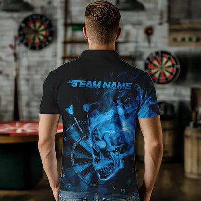 Custom Black And Blue Flame Skull Dart Polo Shirts For Men, Fire Dart Team Shirts IPHW8432