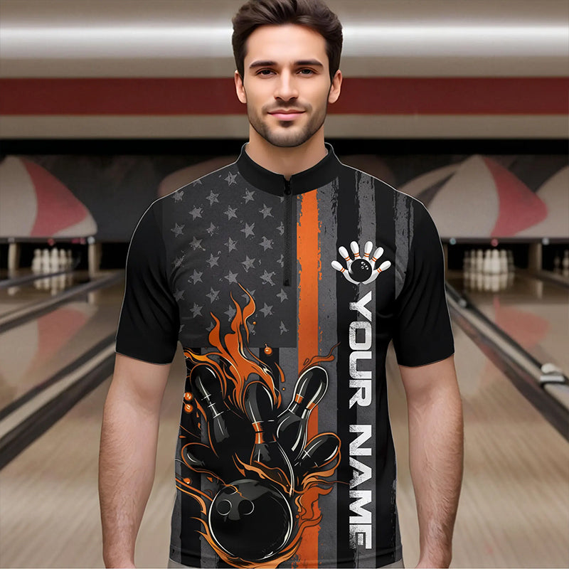 Orange Line American Flag Custom Patriotic Flame Bowling Quarter-Zip Shirt For Men, US Bowling Shirt IPHW8635
