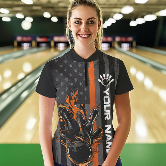 Orange Line American Flag Custom Patriotic US Flame Bowling Womens Quarter-Zip Shirts IPHW8635