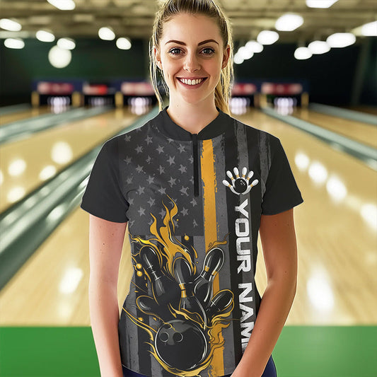 Yellow Line American Flag Custom Patriotic US Flame Bowling Womens Quarter-Zip Shirts IPHW8636