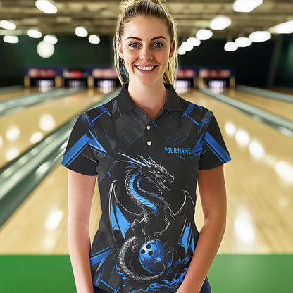 Custom Black And Blue Dragon Bowling Polo Shirts For Women, Dragon Bowling Team Uniform IPHW8639