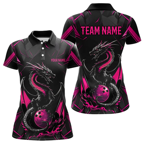 Custom Black And Pink Dragon Bowling Polo Shirts For Women, Dragon Bowling Team Uniform IPHW8640