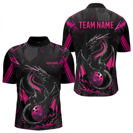 Custom Black And Pink Dragon Bowling Quarter-Zip Shirts For Men, Dragon Bowling Team Uniform IPHW8640