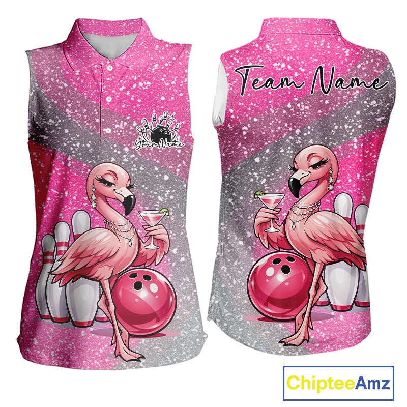Pink women’s sleeveless bowling shirt shown from the front and back with an elegant flamingo holding a cocktail beside a bowling ball.