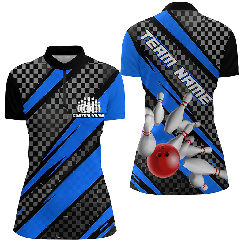 Splatter Pins Custom Bowling Team Shirts For Women, Bowling Tournament Shirt | Blue IPHW6472