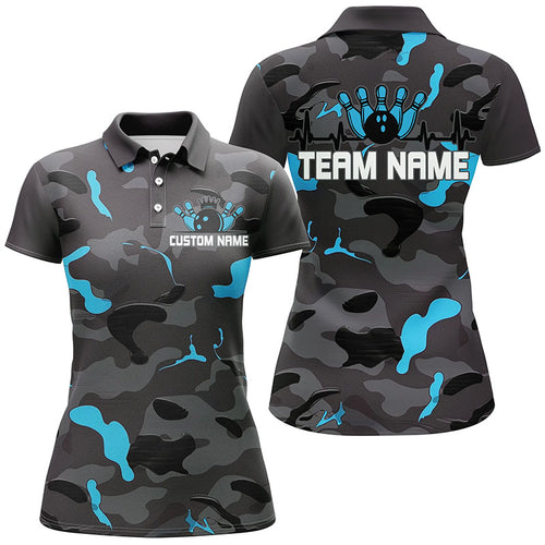 Blue Camo Bowling Pulse Heartbeat Custom Team Shirts For Women, Camouflage Bowler Outfit IPHW6488