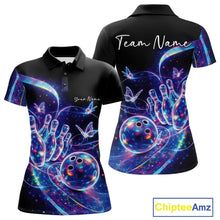Load image into Gallery viewer, Front and back mockup of a women's black bowling polo with a starry galaxy background, neon swirls, and hologram butterfly artwork