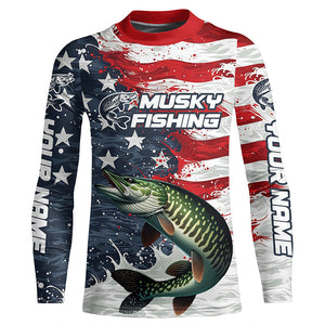 Custom Musky Fishing American Flag Long Sleeve Fishing Shirts, Patriotic Musky Fishing Shirts IPHW6825