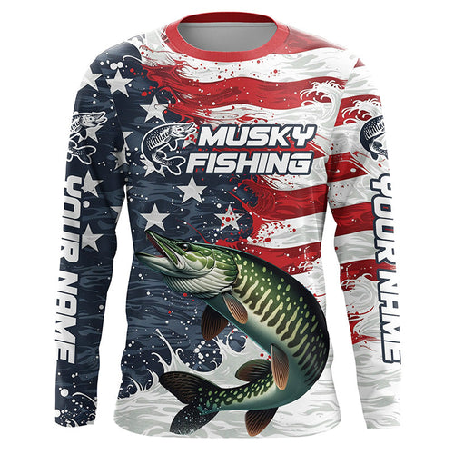 Custom Musky Fishing American Flag Long Sleeve Fishing Shirts, Patriotic Musky Fishing Shirts IPHW6825