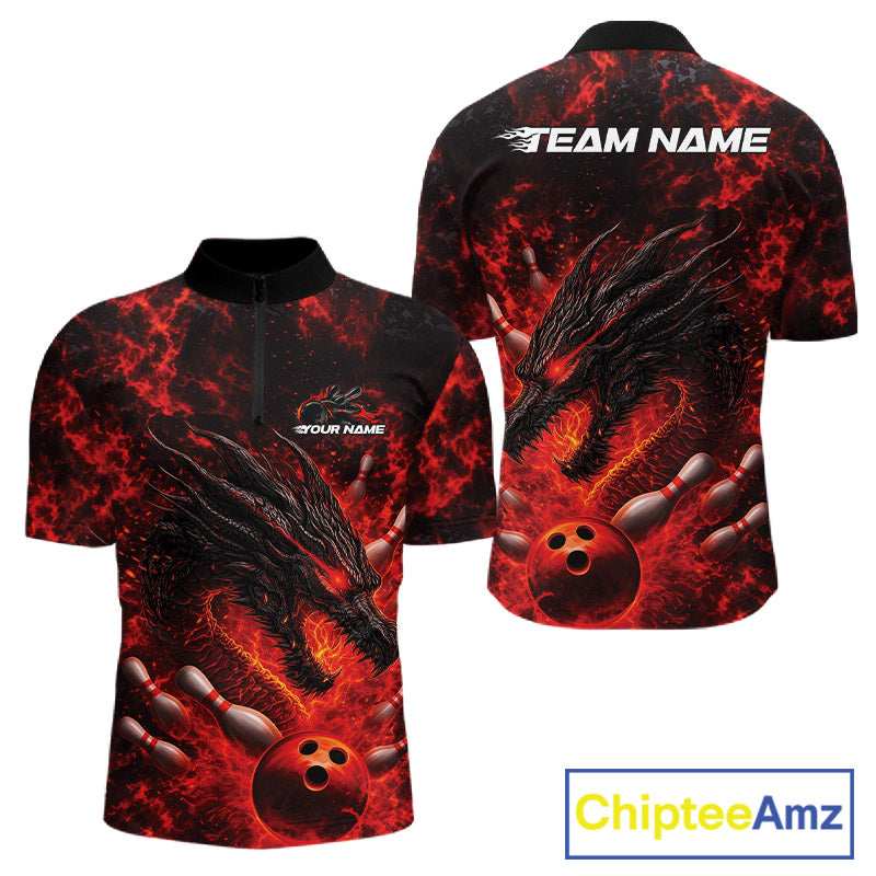 Custom Black And Red Flame Dragon Bowling Men Quarter-Zip Shirt, Dragon Bowling League Shirt IPHW10277